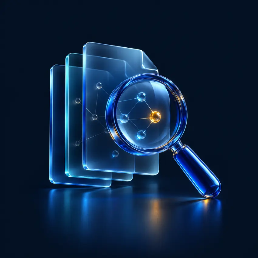 Magnifying lens examining documents and connected evidence